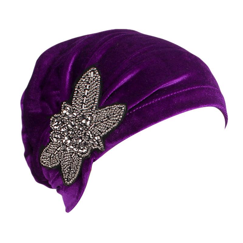 Velvet Pleated Turban Hat with Beaded Flower, Soft Hair Loss Bonnet for Women