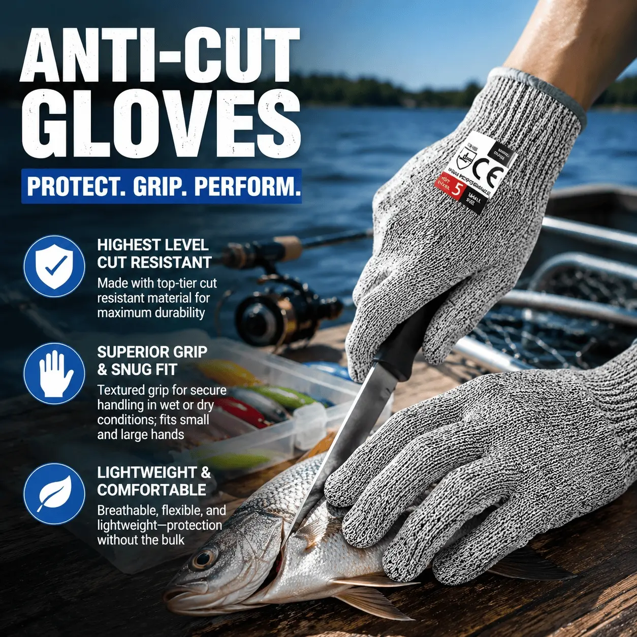 Heavy Duty Cut Resistant Kitchen Gloves, Anti-Slip & Reinforced for Fishing Outdoor Work, Breathable Durable Puncture Proof with Grip, Multi-Purpose for Cooking Meat Processing and Cutting Safety, Protective Work Gloves