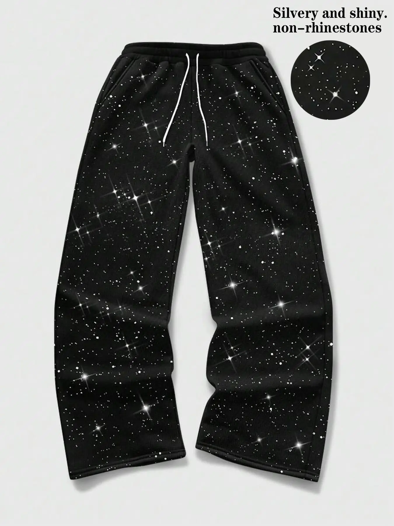 High street fashion starry sky Galaxy glitter all over printed straight pants men's long sweatpants, glitter decorated men's casual pants elastic drawstring waist men's straight pants heavyweight non-velvet unisex loose and versatile black trousers