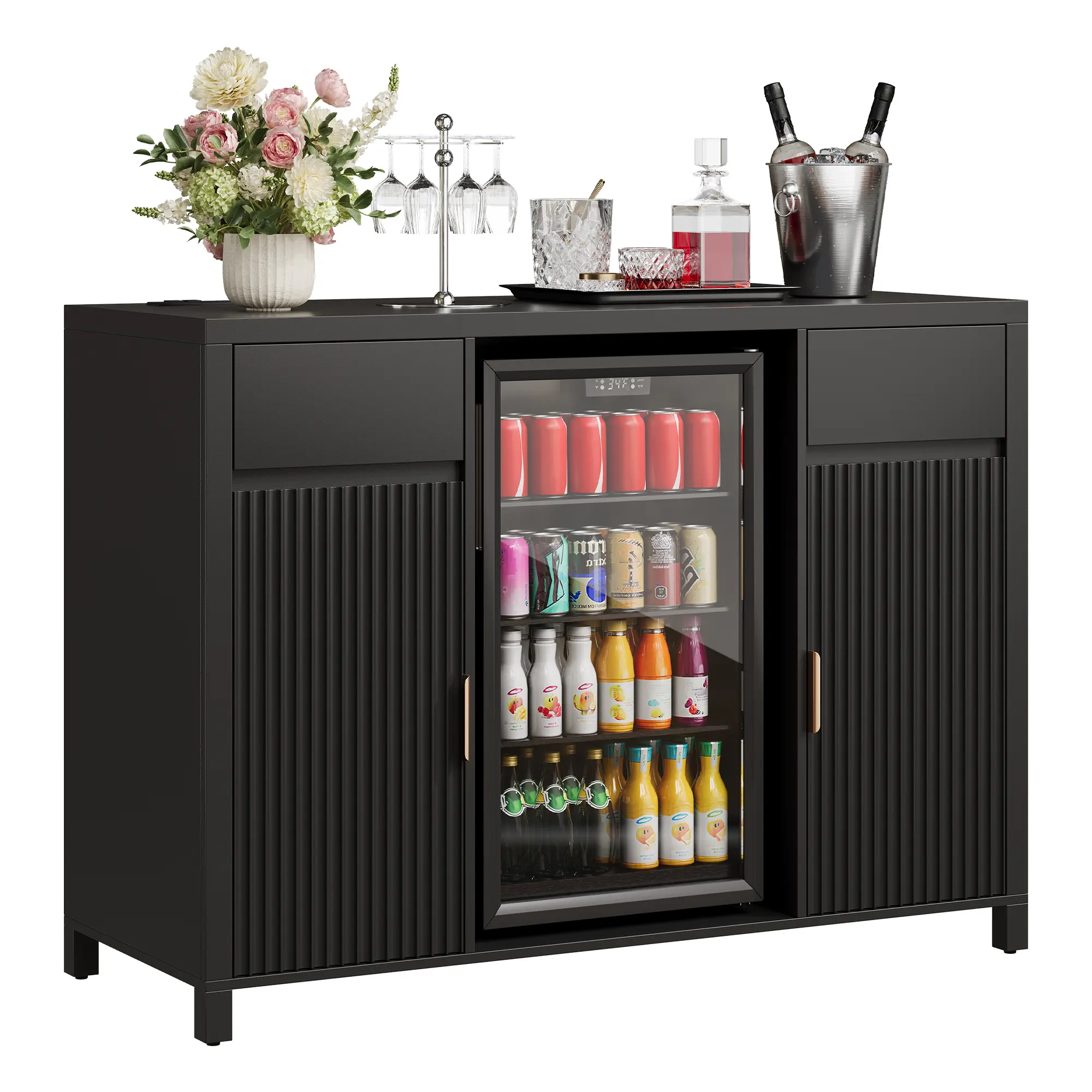 Coffee Bar Cabinet Sideboard w/ Mini Fridge Space, Charging Station w/ Outlets, Fluted Doors Wine Rack w/ Glass Holder, Adjustable Shelves Beverage Buffet Storage