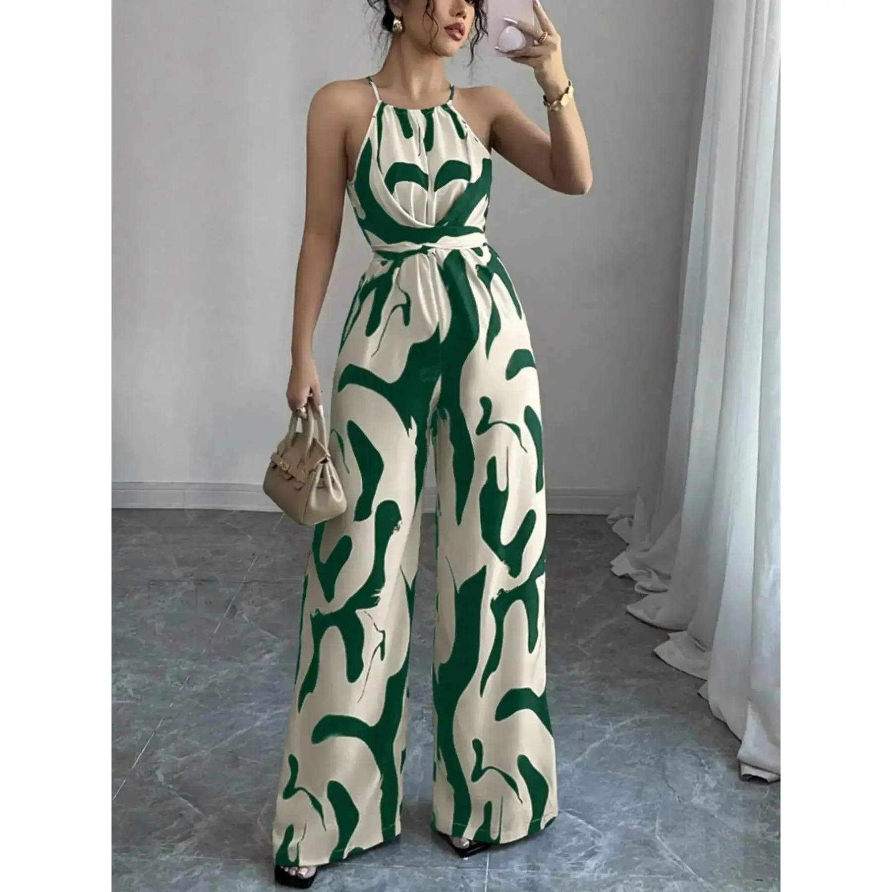 Women's All Over Print Halter Neck Jumpsuit, Casual Sleeveless Jumpsuit, Casual Fitted Jumpsuit for Holiday Vacation Daily Wear, Ladies Clothes for Spring & Summer, Casual Jumpsuits-DAN