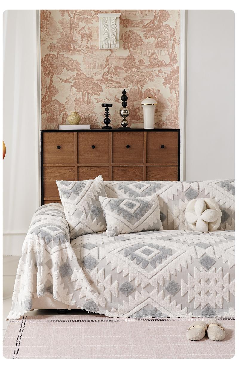 Bohemian Plush Sofa Throw Blanket, Geometric Pattern Design, Pet-Friendly, All-Season Use, Home Decor, Sofa Couch Covers, Sofa Slipcover