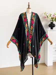 Boho Geometric Embroidered Split Scarf, Boho Style Scarf, Loose-Fitting, All Seasons, Perfect for Beach Vacations, Commutes, Dates, Flattering Fit