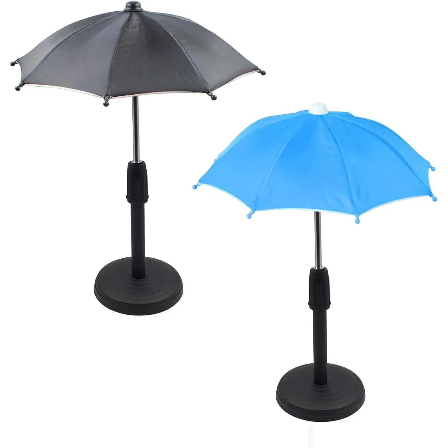 2 Sets Small Drink and Phone Umbrellas with Base Holder, 10.6 Inch Retractable Sun Shade Umbrellas for Beach Pool Patio Keeps Your Phone and Drinks Cool (Blue, Black)