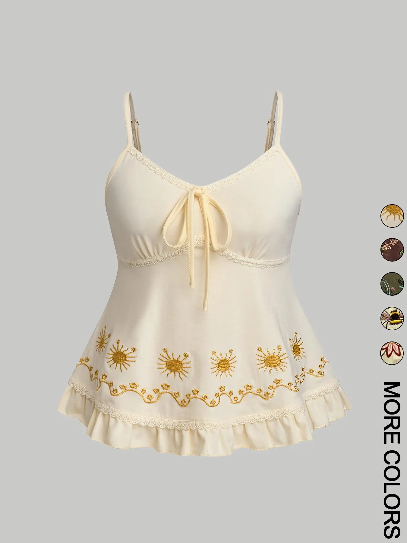 Women's Floral Embroidery Lace Trim Cami Top, Chic Casual Tie Front Top for Daily Wear, Summer Tops, Ladies Clothes for Summer, Spaghetti Strap Womenswear, Elegant Sleeveless Top