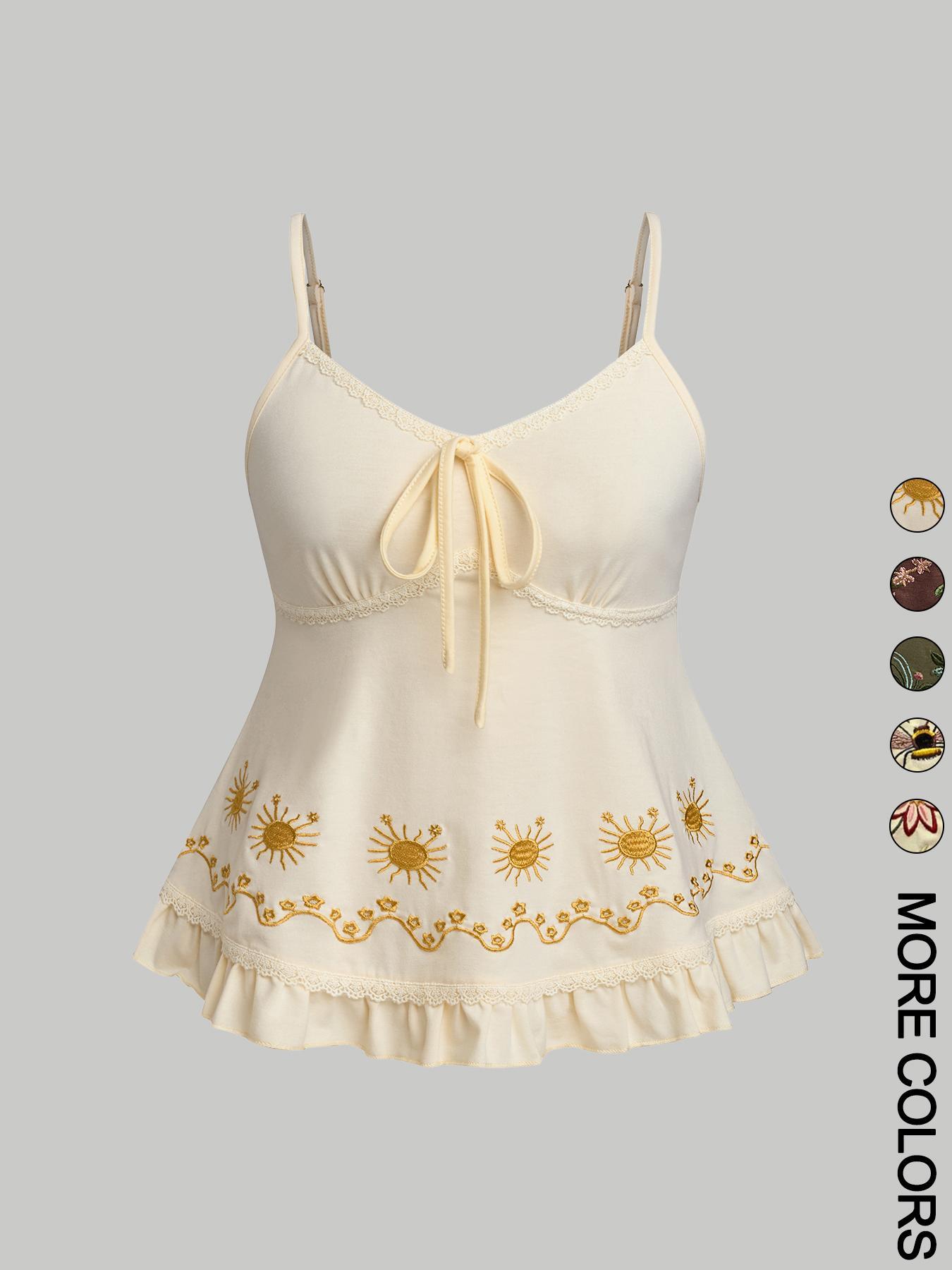 1 Pc Women's Floral Embroidered Ruffled-Hem Fitted Sleeveless Camisole, Casual Soft Stretchy Fabric with Adjustable Straps, Cute Embroidery Patterns (Flower/Bee/Sun), Lace-Trim Babydoll Top, Multiple Design Options