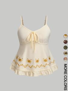 women's floral embroidery lace trim cami top, chic casual tie front top for daily wear, summer tops, ladies clothes for summer, spaghetti strap womenswear