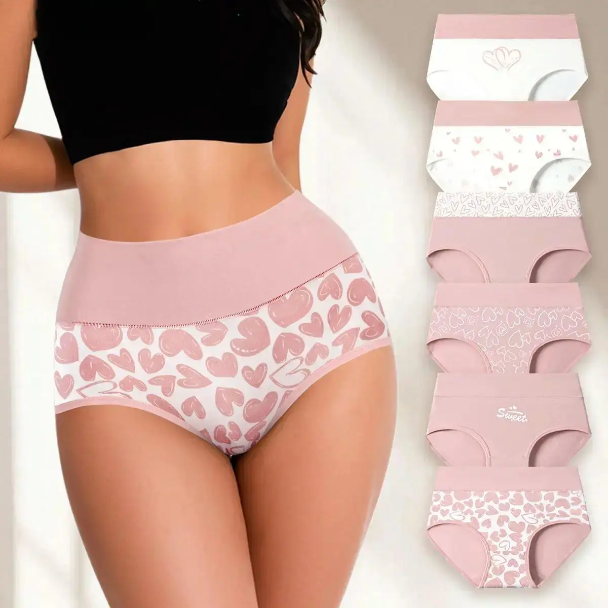 Women's Soft Cotton Lingerie High-Waist Briefs - 4/6 Pieces, Heart Motifs, Stretchy Band, Double Layer Crotch, Snug Fit, All Seasons, Postpartum & Everyday Wear, FallFreshness SpringStatements Underwear, Love, Satin, High-Rise Cut