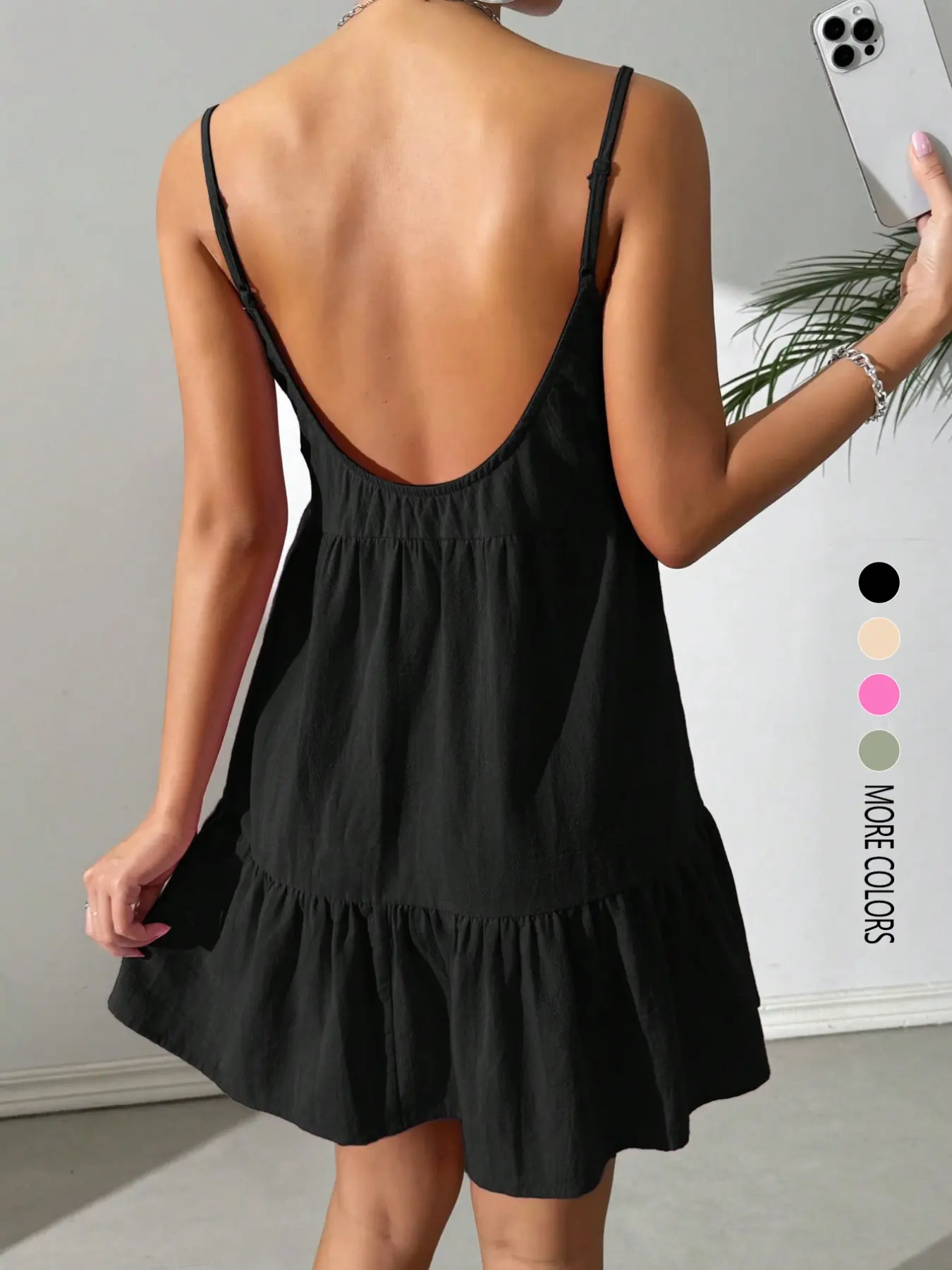 Women's summer dress, Sleeveless Spaghetti strap solid color, casual backless halter dress, Basic, perfect for vacation, Beach Resort Wear, Womenswear