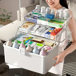A spacious three-tier medicine storage box, multifunctional for home use, suitable for various items. It’s a foldable toolbox, art and craft storage organizer, sewing supply storage box, and home first aid kit, perfect for the kitchen, bedroom, bathroom