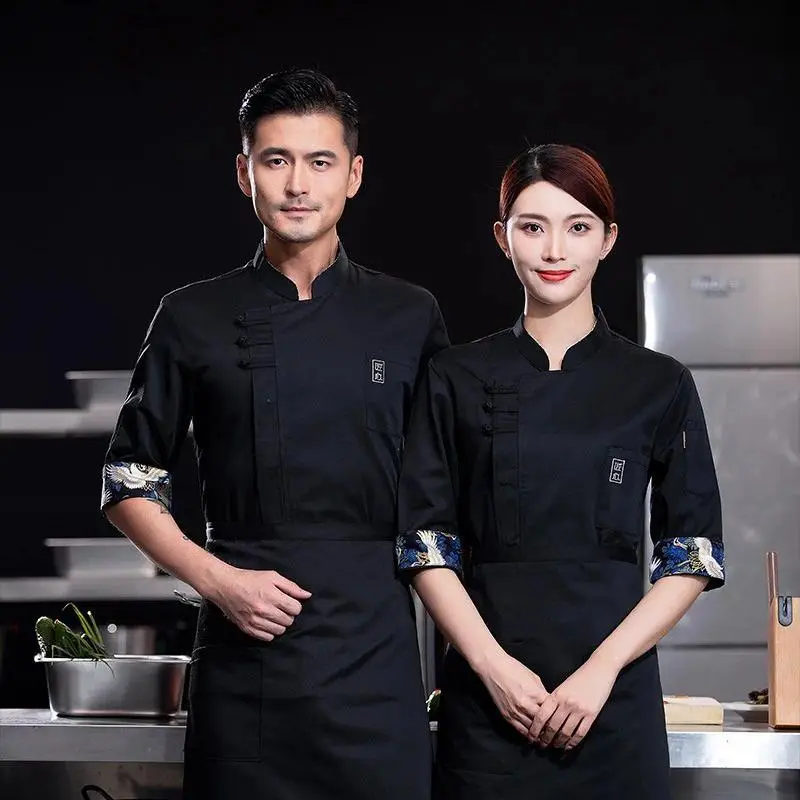 Chef Uniform Three-quarter Sleeve Unisex Japanese Style Restaurant Kitchen Workwear with Printed Textlogo