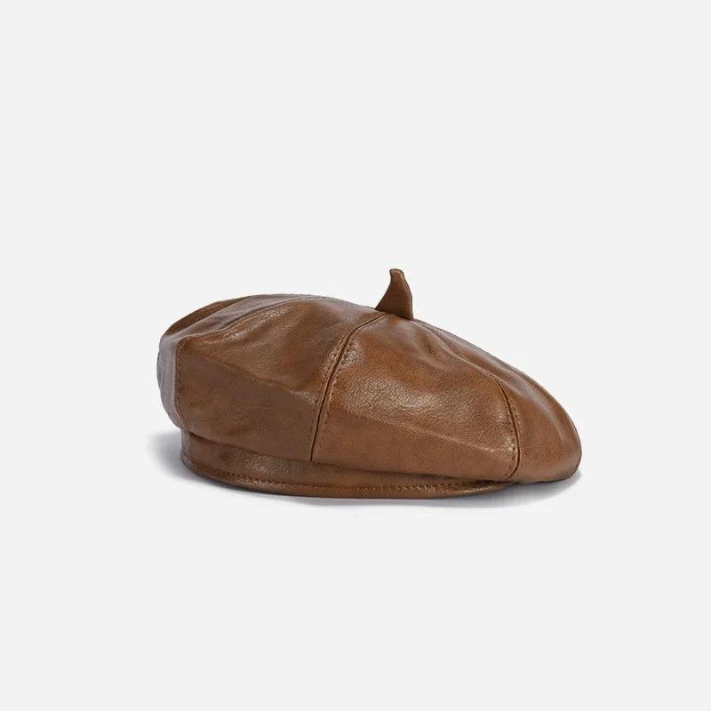 Fashion Autumn Winter Beret Beanie Hat Women Plain Beret Hats Solid Color Elegant Men Women Artist Caps PU Leather Painters Caps