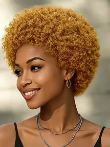 Short Afro Kinky Curly Human Hair Wig, 6 Inch 180% Density, Honey Blonde, Tiny Spring Coil, Casual Style, No Bangs, for Women