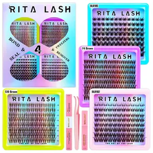 RITALASH 368Pcs 4 Boxes Lashes Mixed Brown & Black Color Lash Clusters Kit, WaterProof Lashes Clusters Eyelash Extensions with Everything You Need for Beginners and Proficient, DIY at Home Easily，Easy Apply Natural Look for Makeup Daily Life