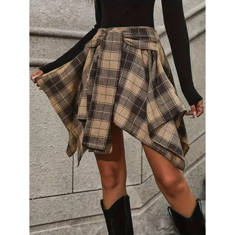 Women's Plaid Printed Belt Asymmetric Hem Flare Skirt High Waist Casual Mini Dress All Season Trousers Skirt Napkin Skirt