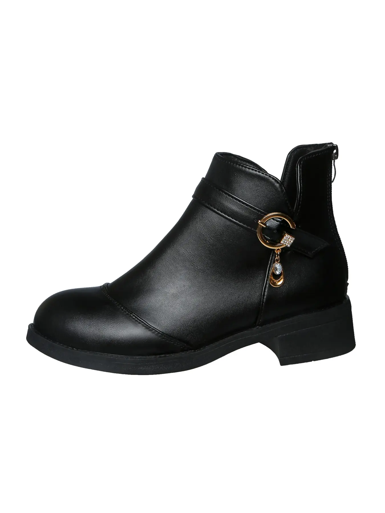 Simple Low Heel Ankle Boots, Belt Buckle Rhinestone Decor, Slimming Women's Short Calf Leather Boots, Fashionable and Stylish