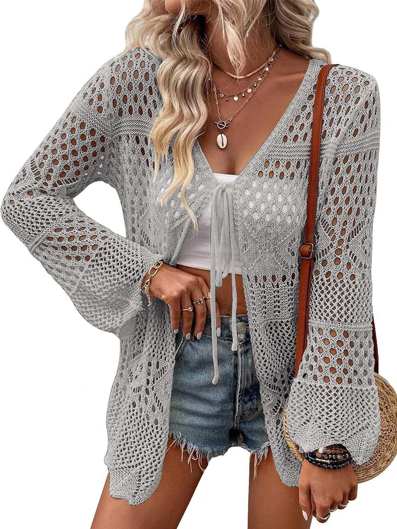 Women's Solid Color Hollow Out Crochet Cardigan, Lady Casual Long Sleeve Tie Front Knitwear for Summer, Fashion Women's Knit Clothing for Beach Vacation, Womenswear, Cardigan Sweater, Longsleeves Clothes for Women, Relaxed Fit Cardigan