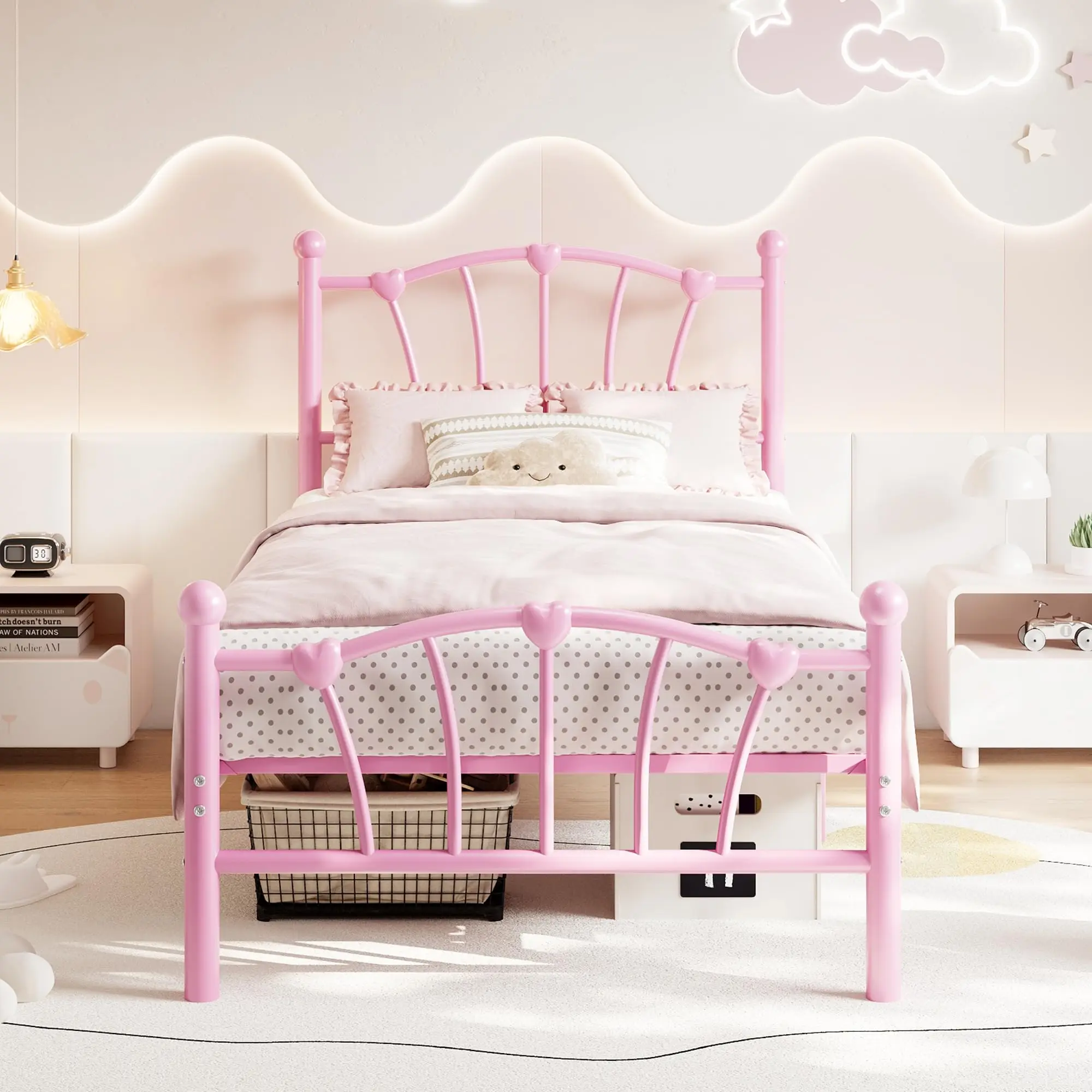 Twin Size Bed Frame, Heart Shaped Metal Bed Frame with Headboard and Footboard, Platform Bed Frame with Sturdy Slat Support, 11.5'' Underbed Storage Space, No Box Spring Needed