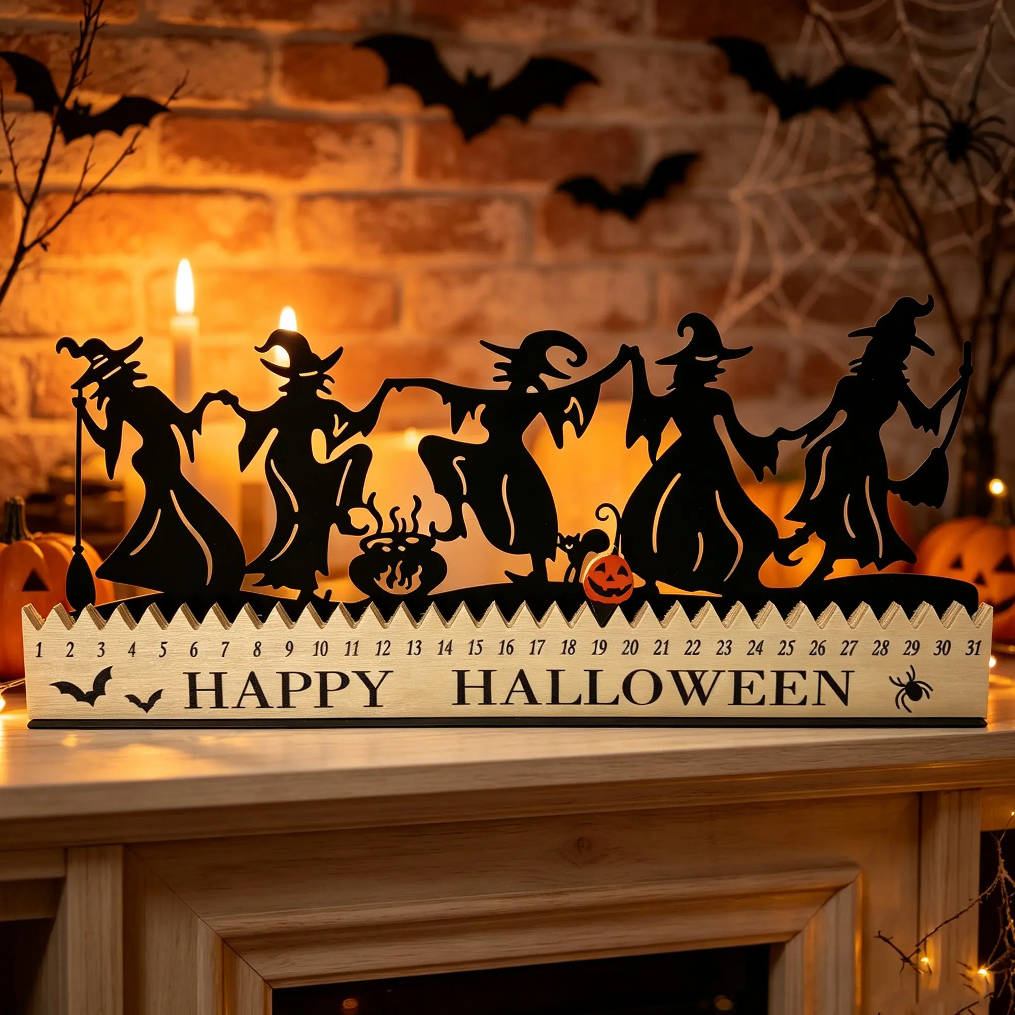 Halloween countdown calendar ornament featuring a dancing witch silhouette; a tabletop decoration for bedrooms, living rooms, offices, and studios, and a perfect Halloween gift for family and friends