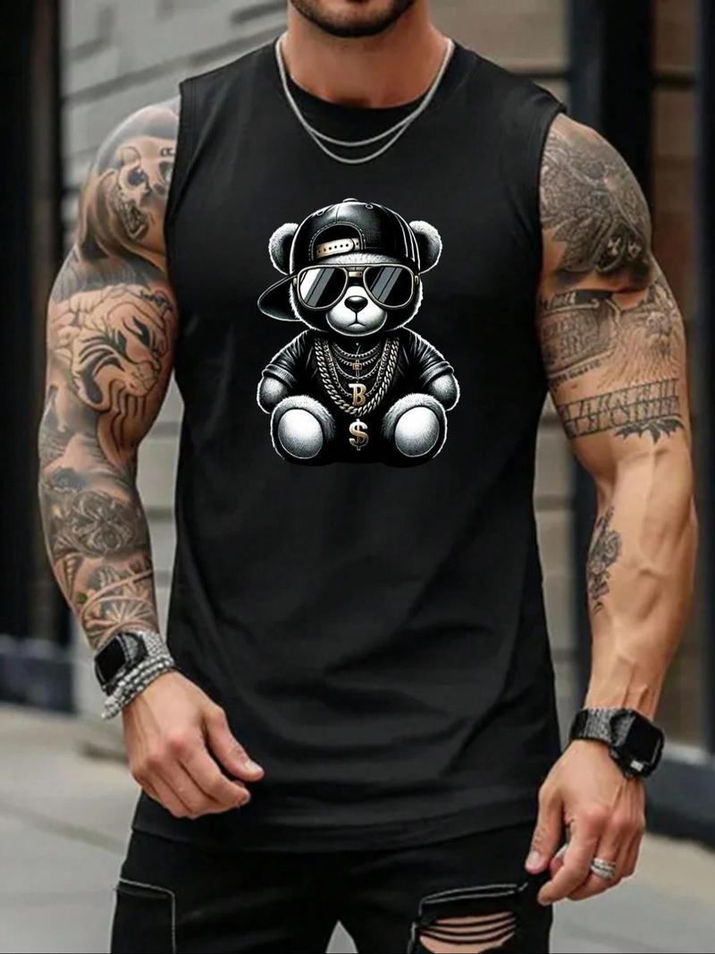 Men's Regular Fit Bear & Letter Print Top, Casual Comfy Sleeveless Top for Summer, Fashion Men's Clothes for Daily Wear, Streetwear Tank Vest, Vests