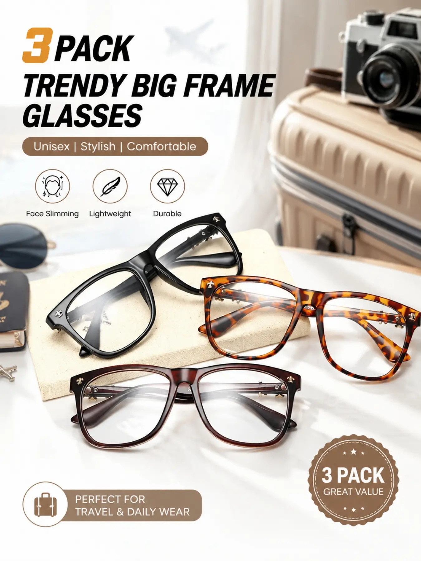 3 Pack Trendy Oversized Slimming Decorative Glasses, Fashion Versatile Non-Prescription Eyewear, Easy to Match for Daily Outfits, Delicate Stylish Glasses, Ideal Gift for Girlfriend or Best Friend, Practical Daily Accessory for Gifting or Personal Use