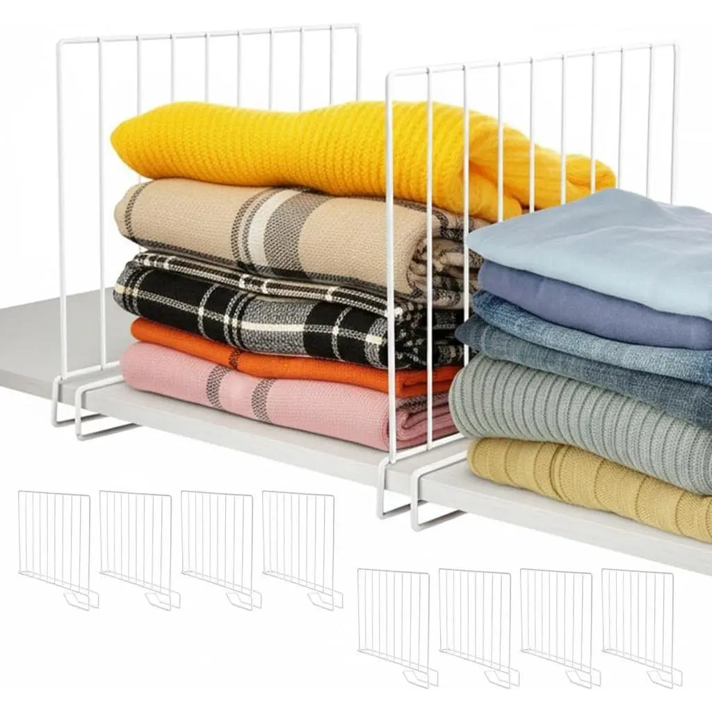 8-Pack 9" Tall Metal Shelf Dividers for Closet Organization, Easy to Install No Tool Required, White PE Coated Steel for Wardrobe Bookshelf Cabinet Cupboard