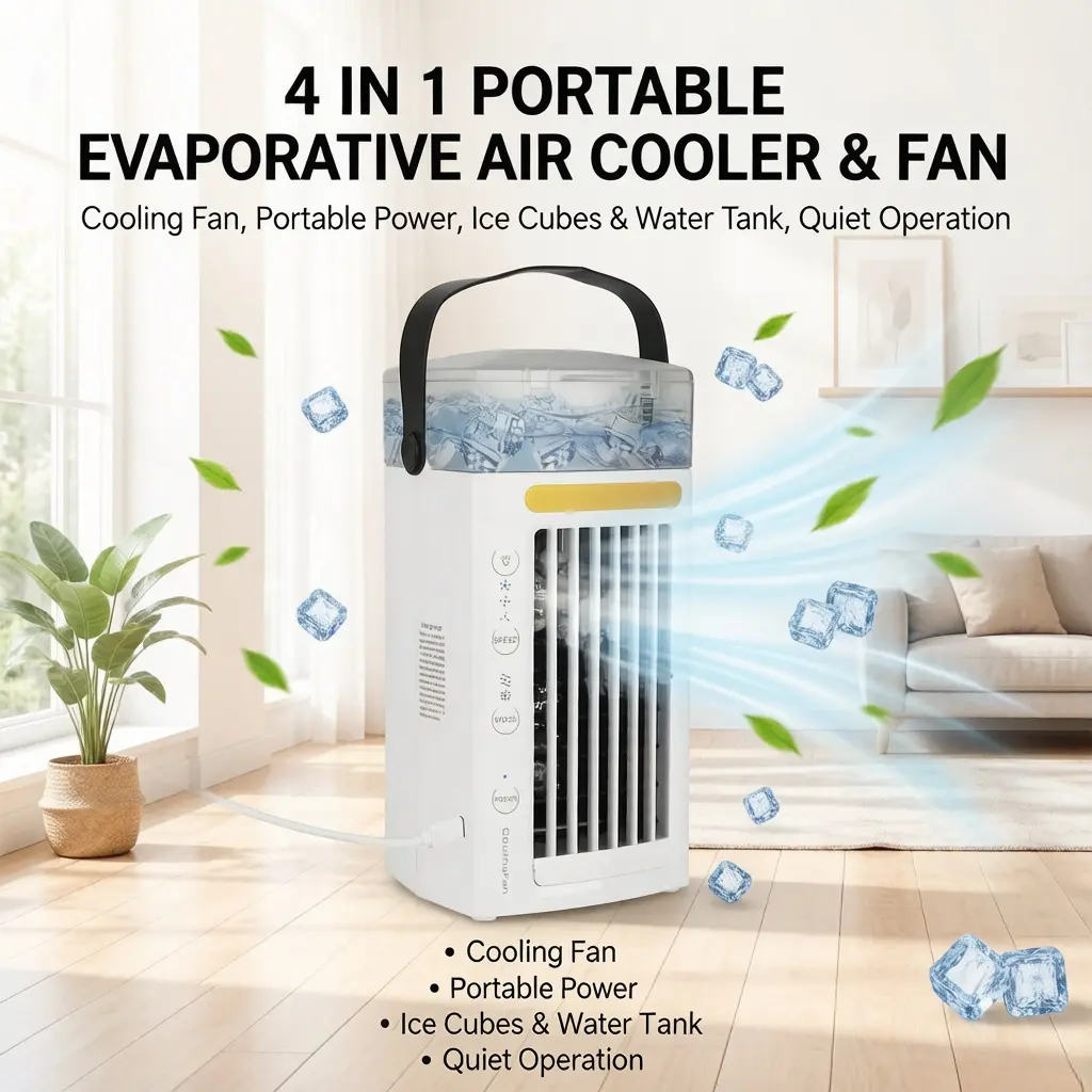 4-in-1 Bladeless Portable Air Conditioner Cooling Fan - Evaporative Air Cooler, 480ml Water Fan, ABS+PC Build, Strong Airflow, Cordless Rechargeable, USB Port, 1.8000 lb, 12.5x25x10.5cm (9.84in*4.92in*4.10in), Office/Home Use, Portable Power