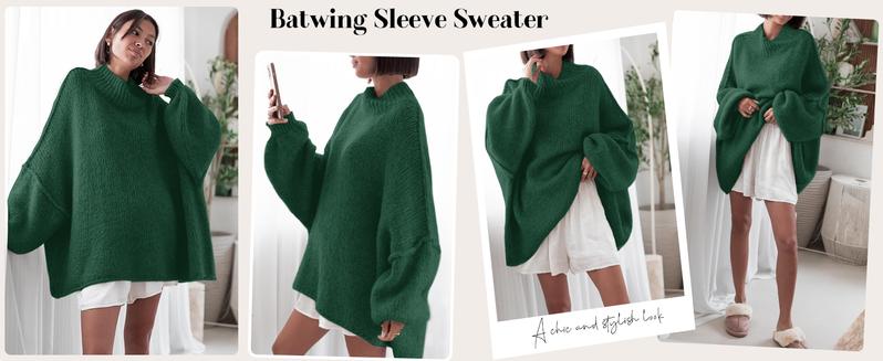 PiePieBuy Womens 2025 Trend Oversized Sweater - Mock Neck Batwing Sleeve Tunic Ribbed Knit Fall Top