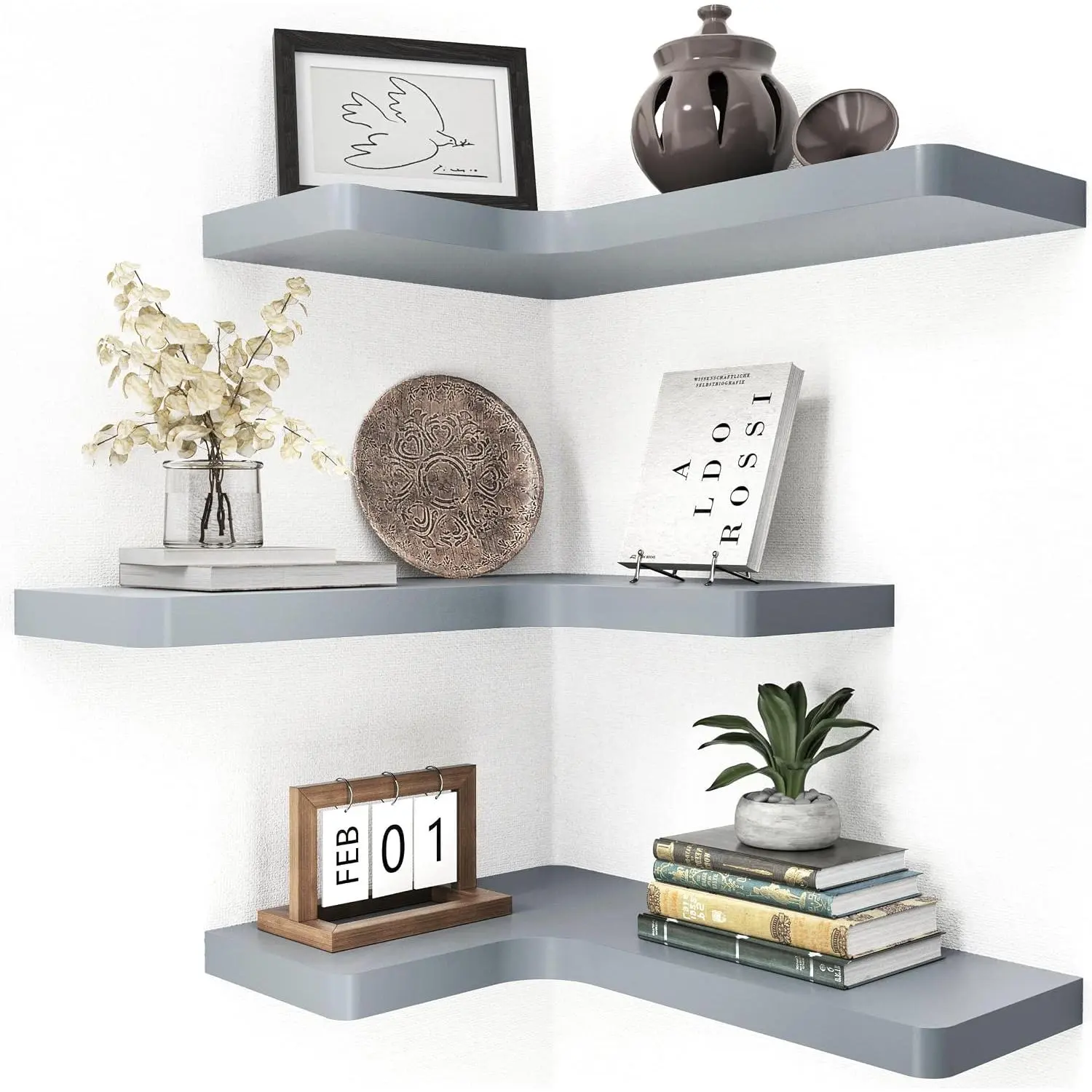 Corner Floating Shelves, Wall Shelf Set of 3, Shelves for Wall Storage, Solid  Shelves for Storage, Wall Mount Wooden Display Shelf for Bathroom Bedroom Kitchen Garage, Dark Grey