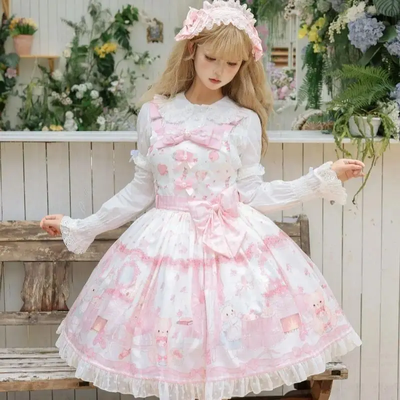 Japanese Cosplay Lolita Strap Dress Women Long Sleeve Floral Mini Dress Sets Elegant Vintage High Waist Kawaii Outfits Y2k Chic