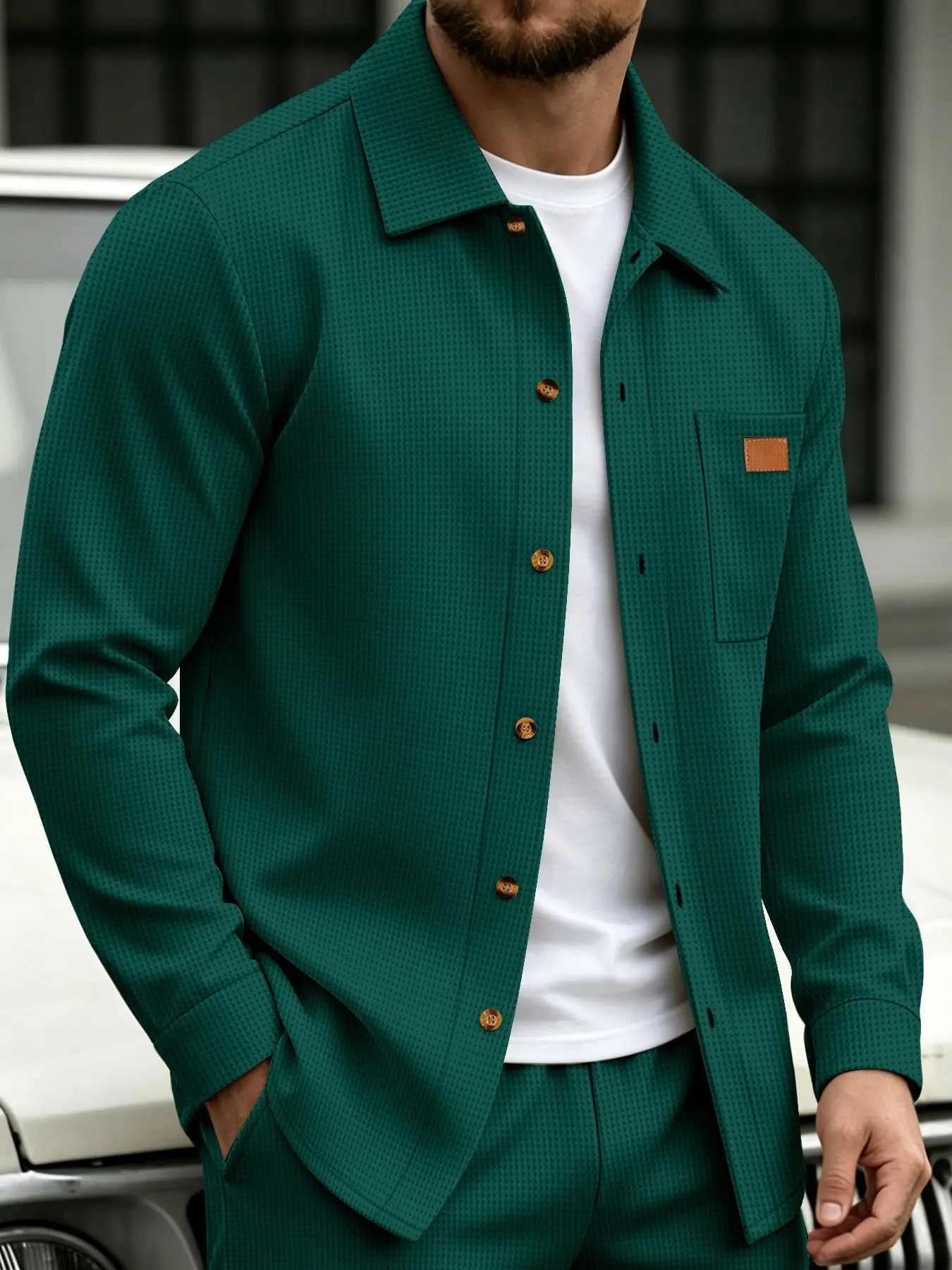 Men's Spring Fall New Shirt Jacket, Waffle Collar Open Front Long Sleeve, Single Pocket Leather Tag Chest Bag, Light Business Casual Outerwear