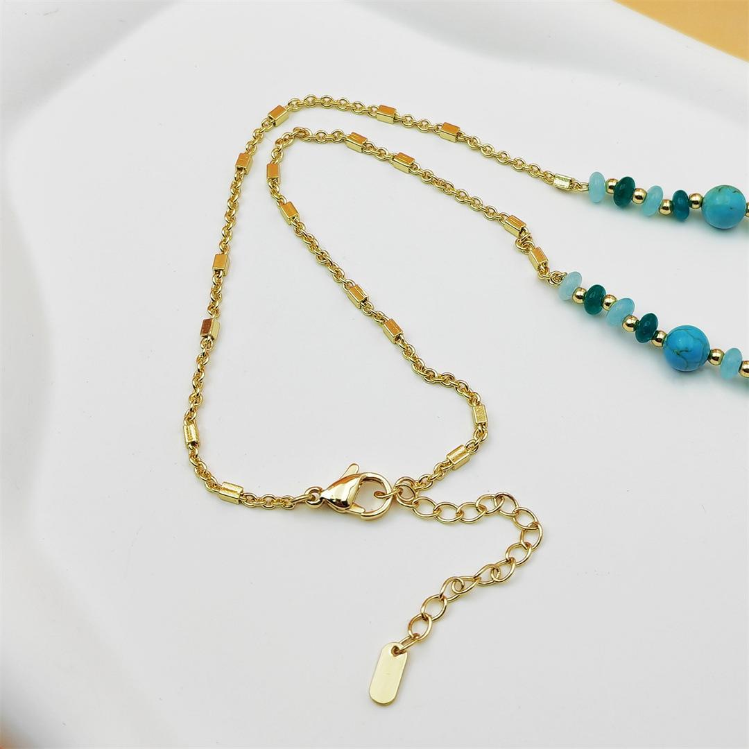 Bohemian Blue Turquoise Necklace 18K Gold Plated Double Layer Natural Stone Clavicle Chain For Daily Wear