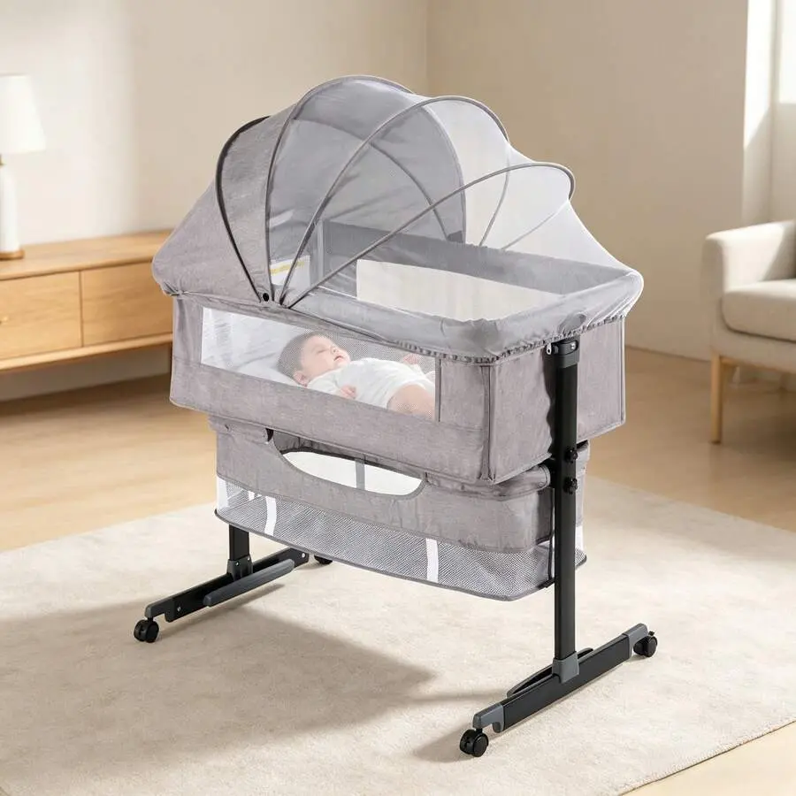 Baby Bassinet Bedside Sleeper for Newborn - 3-in-1 Portable Crib with Breathable Mesh & Smooth-Glide Wheels - Height Adjustable Co-Sleeper