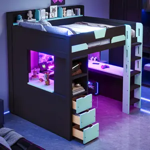 Full Size Wooden Loft Bed with U-Shaped Desk Underneath, RGB Lighting and USB Charging Ports, Includes Drawers and Storage Shelves, Great for Dorm Rooms, Gaming, and Study, Works for Teens and Adults