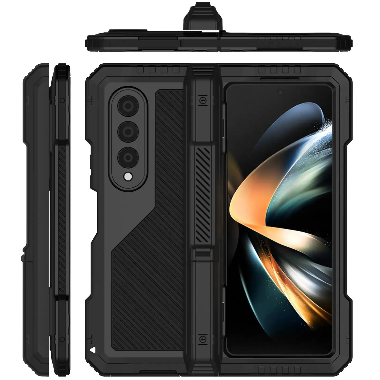 Compatible with Galaxy Z Fold 4, Z Fold 5, Z Fold 6, Z Fold 7, 3 Layers Full Body Shockproof Aluminium Metal Protective Phone Case with Kickstand HNZ0164