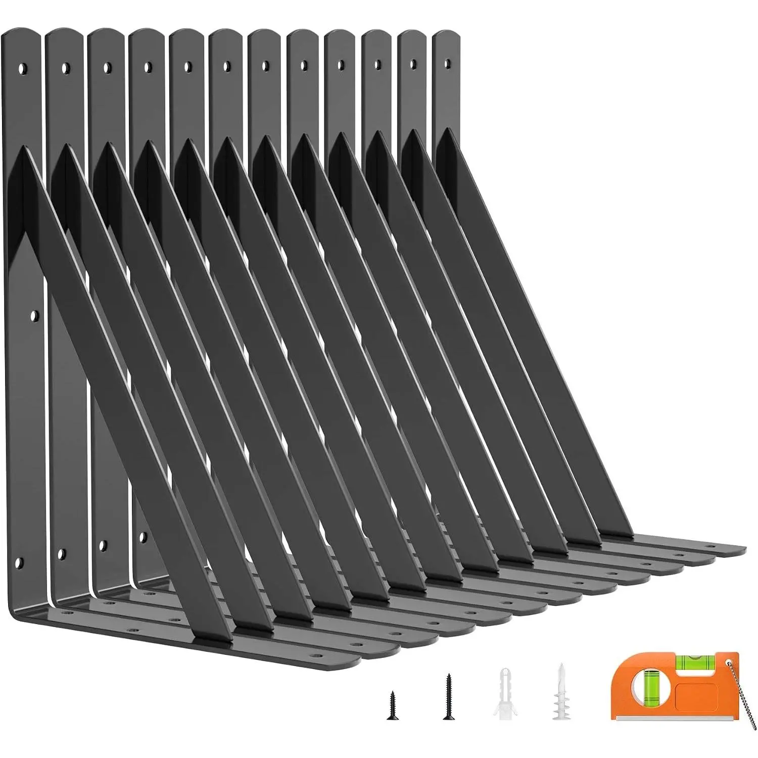 12inch Heavy-duty shelf brackets, wall shelf brackets, 90-degree brackets, maximum load capacity 250 pounds, includes mounting accessories, black, 12-piece set