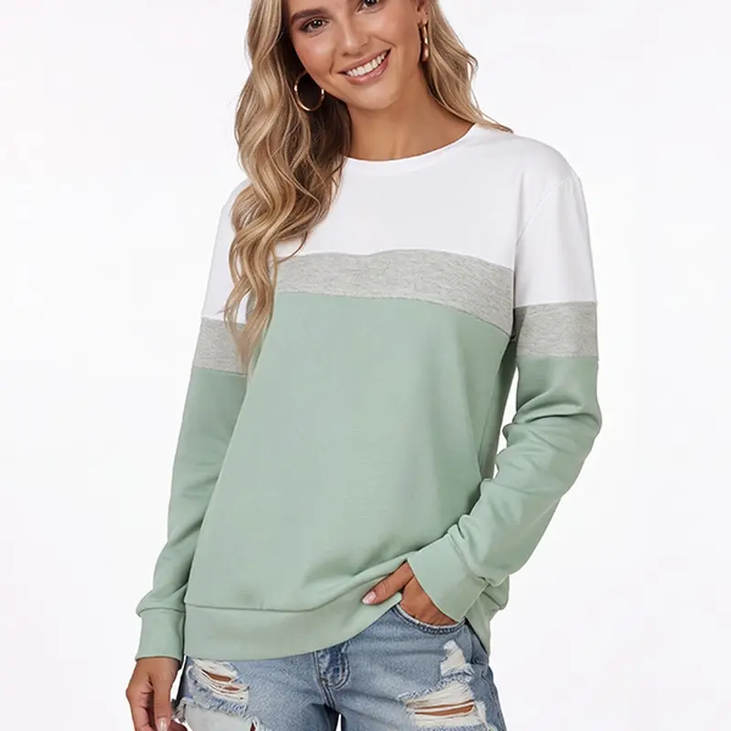 Women's Crewneck Sweatshirt with Striped Patchwork, Long Sleeve Top for Daily Wear and Casual Outings