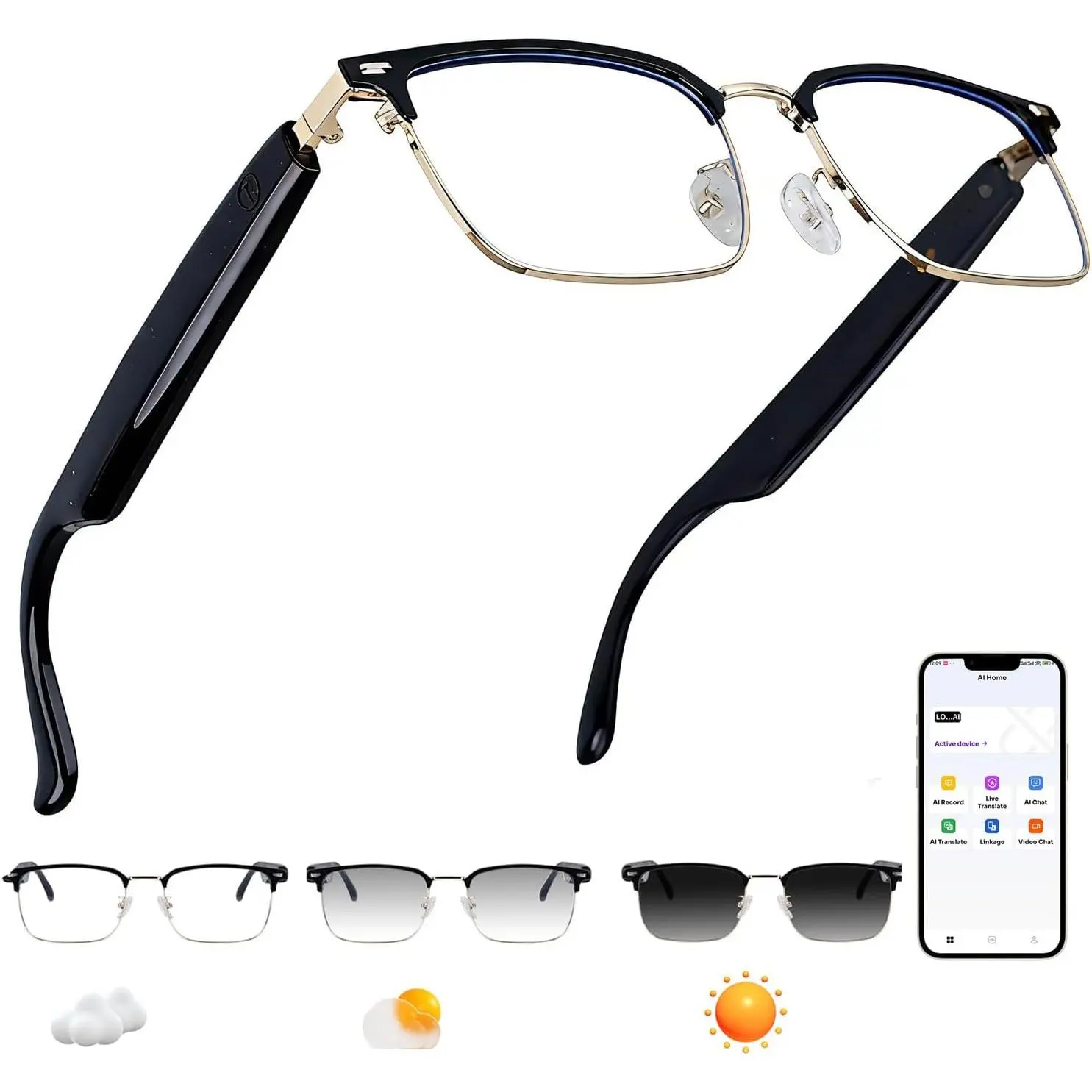 Smart Glasses,Bluetooth Translation Glasses with 100+ Languages,Magnetic Charging ,Color-Changing Polarized Sunglasses Lenses UV & Blue Light Protection for Men/Women Sports/Travel/Drive/Busniess