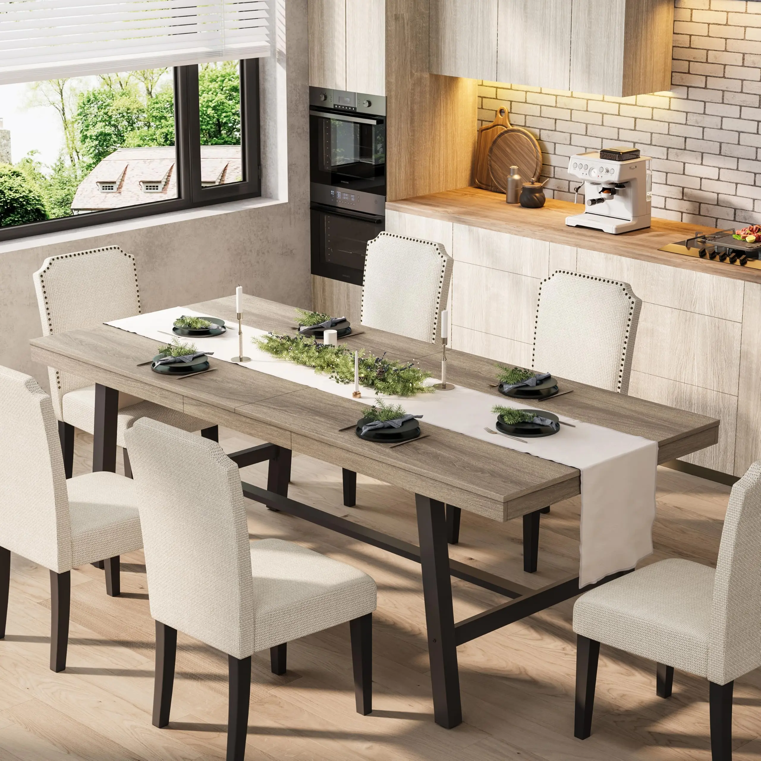 Large Size Industrial Rectangular Dining Table - 78.7in Fixed Length, Sturdy Frame & Metal Base, Grey Walnut Finish, Seats 6-8, for Dining Room & Kitchen