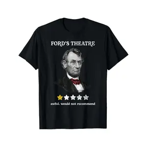 Funny Abe Lincoln Ford’s Theater History Joke T-Shirt for Adults, Vintage Presidential Graphic Tee with Geometric Print, Casual Crew Neck Short Sleeve for Everyday Wear, Patriotic Humor Top for Night Out or Sightseeing in DC