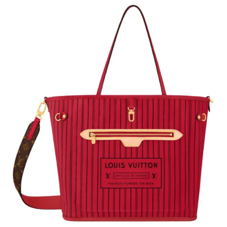 Louis Vuitton Neverfull MM Tote Bag for Women – Striped Detachable Strap, Leather-Trimmed, Red