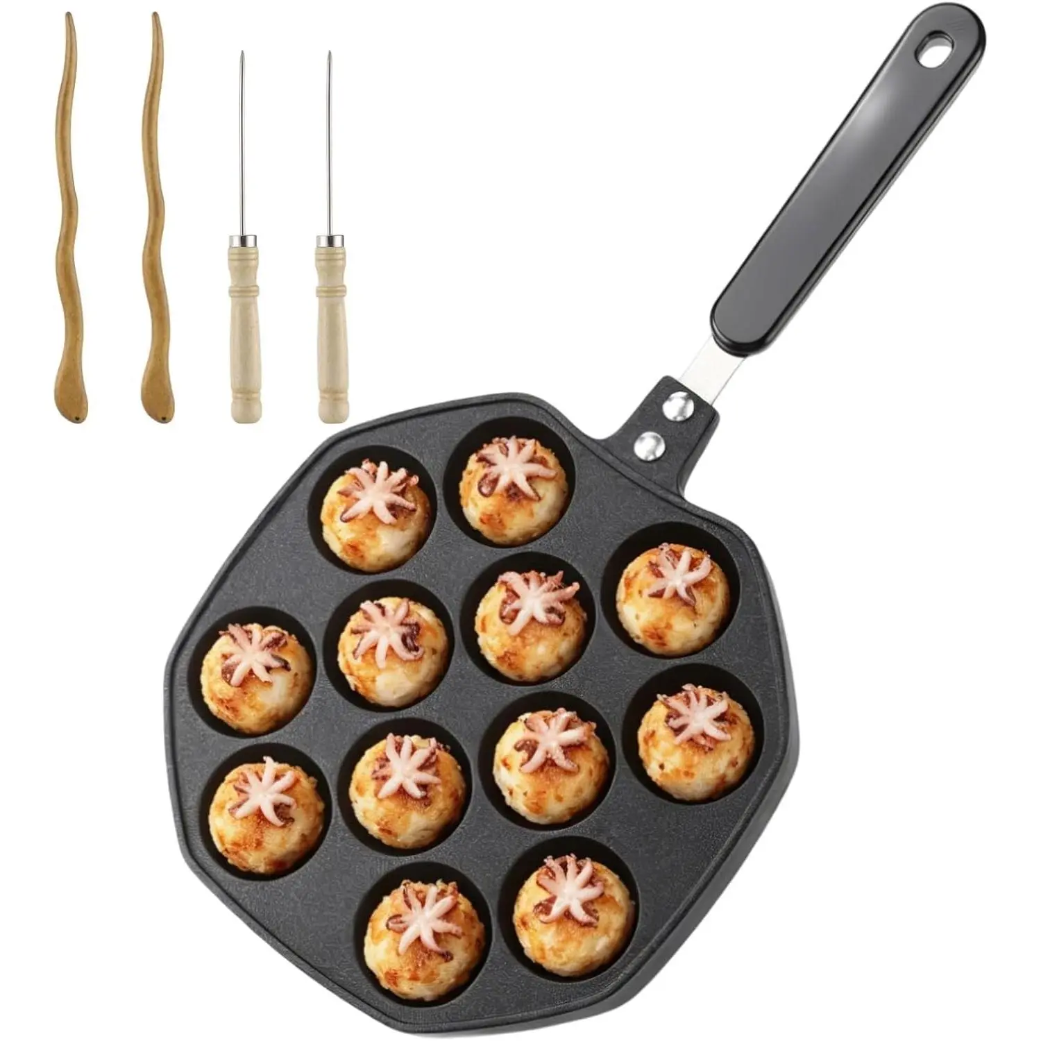 12-Hole Nonstick Takoyaki Pan, Aluminum Alloy Octopus Ball Grill with Ergonomic Handle, Includes Silicone Brush & Wooden Picks, Baking Tray for Pancake Balls