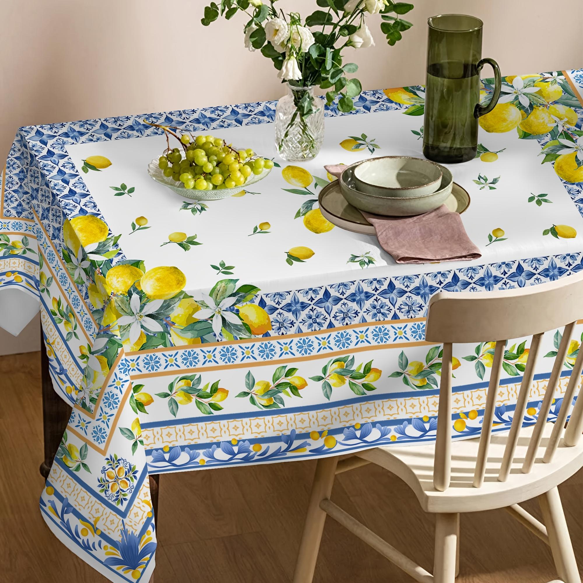 Elegant Mediterranean-Inspired Tablecloth with Fresh Lemon & Blue Floral Design - Polyester, Machine Washable for Dining Room, Living Room, Outdoor Decor