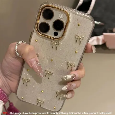 Cute 3D Gold Frame Bow Transparent Phone Case for Apple iPhone 17 16 15 14 Plus 13 Pro Max, Soft Epoxy Resin Shockproof Back Cover Protector, Decorative Smartphone Protector, Tpu Smartphone Casing, Protective Casing