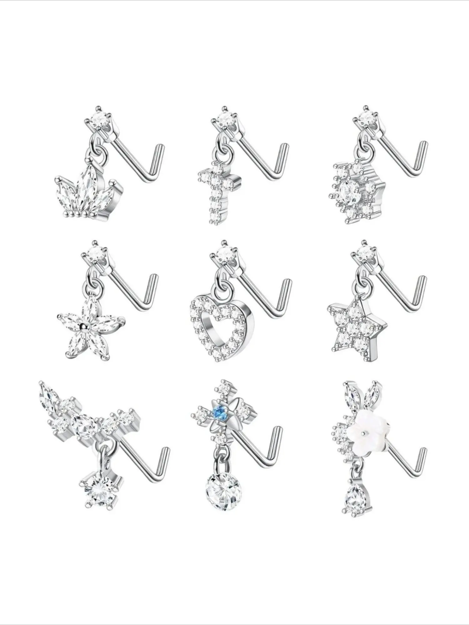 9 Pcs Silvery Golden Nose Piercing Jewelry Set, Fashion Body Jewelry, for Women Men 316 Stainless Steel Copper for Safe Wear Classic L-shaped Structure for Easy Insertion Dangle Nose Studs CZ Motifs Cross Crown Patterns