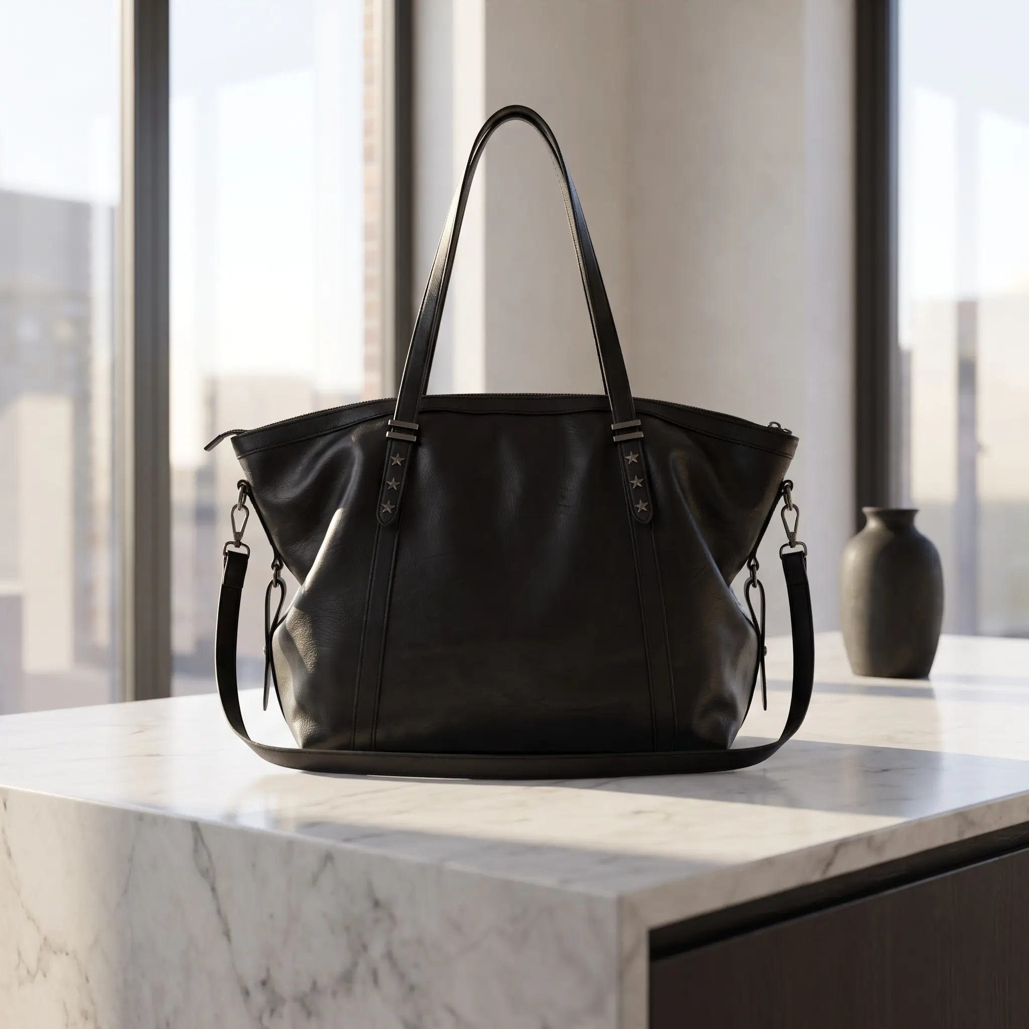Women's Minimalist Tote Bag, High-Capacity Soft PU Leather Shoulder & Crossbody Bag with Zipper for Everyday Commuting, Casual, Clean Stitch