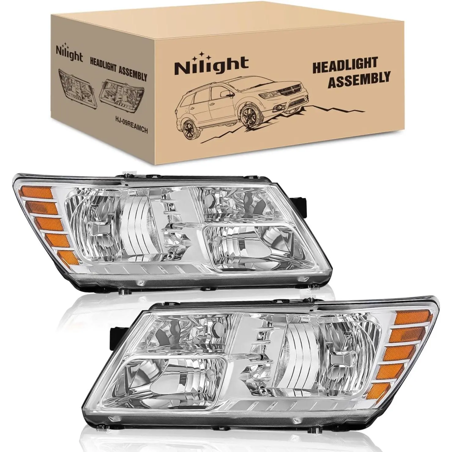 Nilight Headlight Assembly Compatible with 2009 2010 2011 2012 2013 2014 2015 2016 2017 2018 2019 2020 Dodge Journey Chrome Housing Amber Reflector Headlamp Passenger and Driver Side