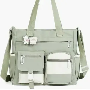 Waterproof Oxford Nylon Large Capacity Tote Bag, Color Block Multi Pocket Detachable Strap Crossbody Shoulder Handbag for Student School Daily Commute