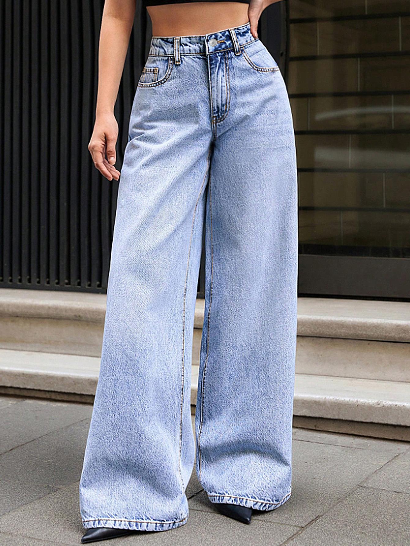 Elegant Women's High-Waisted Wide-Leg Jeans, Long Light Washed Denim Jeans, All-Season Casual Fashion, Slimming Fit