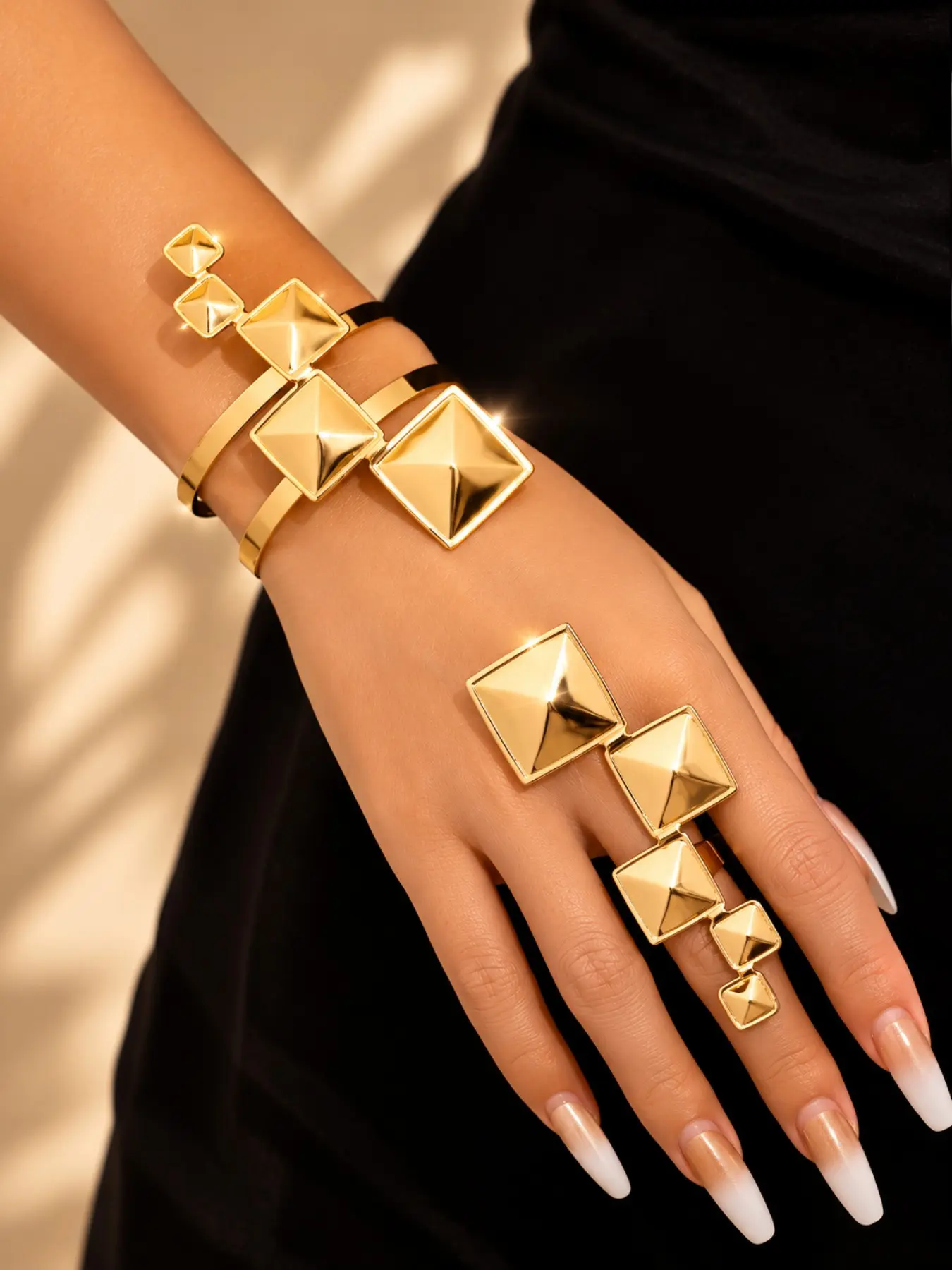 Punk Geometric Bracelet & Ring Set for Women, Adjustable, Asymmetrical, Statement Jewelry, Stackable, Layering